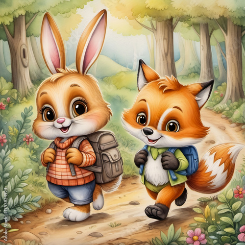 A cute bunny and a curious fox walking down a forest trail, both wearing backpacks and smiling on their way to school.