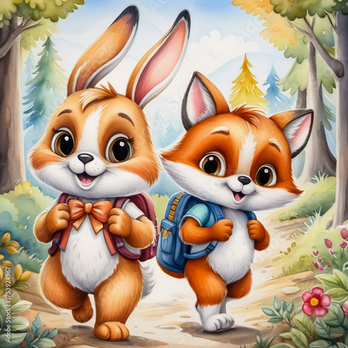 A cute bunny and a curious fox walking down a forest trail, both wearing backpacks and smiling on their way to school.