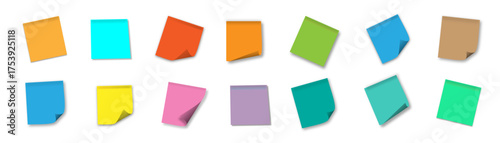 Set of paper notes, notebook pages, sticky paper, post cards illustration. Set of realistic multicolor sticky papers with shadows. Collection of notebook pages on transparent background.