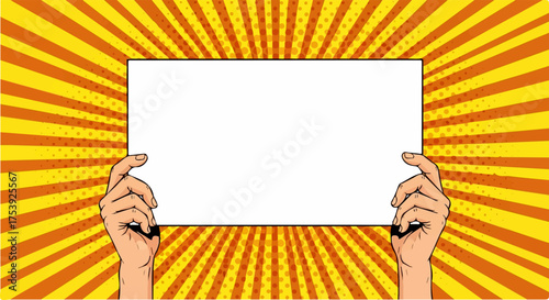 Two comic book style hands with bold outlines holding a blank white rectangular sign.