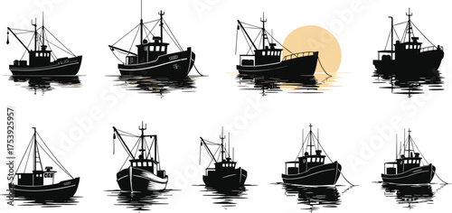 Fishing boat silhouettes, maritime reflections, sunset scene, calm water, nautical vessels, black illustration, serene ocean, artistic design, tranquil horizon, sea transport