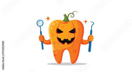 A spooky tooth transformed into a jack-o'-lantern with dental tools for Halloween celebrations.