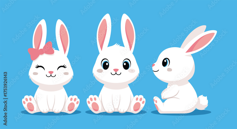Fototapeta premium Three adorable white cartoon bunnies sitting against a blue background.