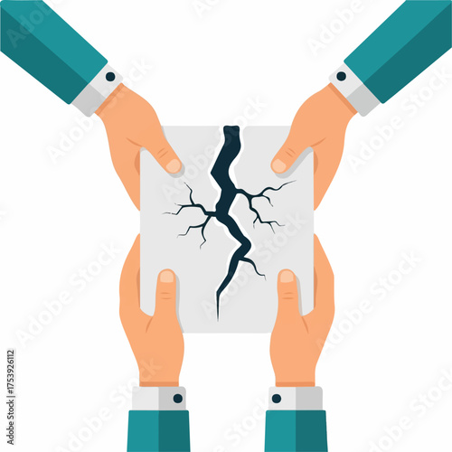 Four hands holding a torn document with a dark crack