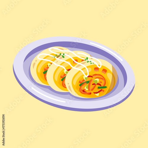 Flat vector of sliced omelette rolls with sauce, great for Asian cuisine, street food, or lunch menu concepts.