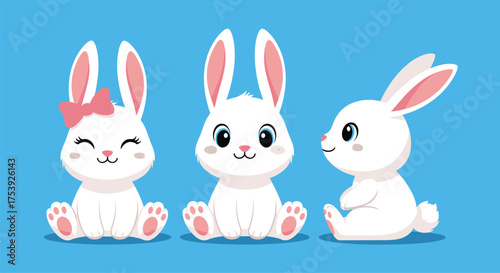 Three adorable white cartoon bunnies sitting against a blue background.