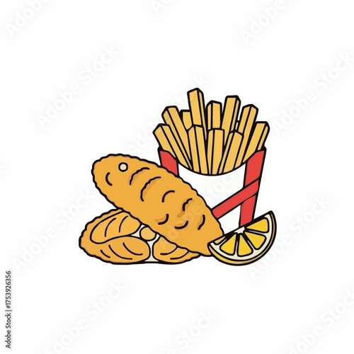 Flat lay illustration of fish and chips with a lemon wedge against a clean white background, created with bold, graphic lines and warm, appetizing yellow hues.