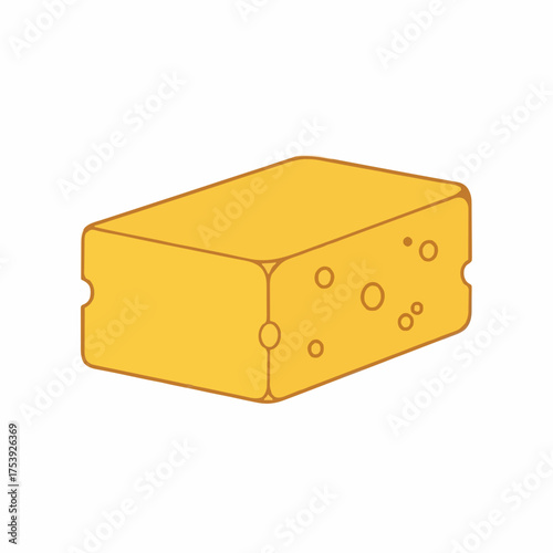 Isolated graphic illustration of a block of Swiss cheese against a clean white backdrop with simple outline style and yellow color, showcasing texture and form.