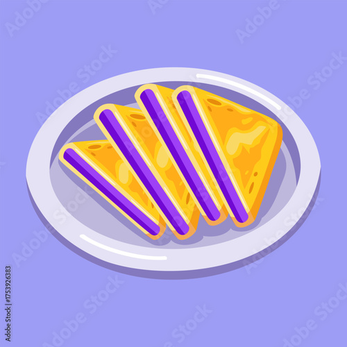 Tasty breakfast toast with jam and butter in flat style, ideal for bakery, morning, or sweet snack themes.