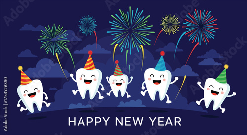 Cute cartoon teeth celebrating new year with colorful fireworks in the night sky.