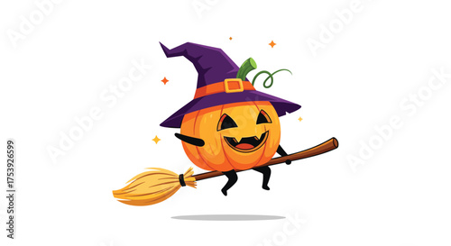 A happy cartoon pumpkin wearing a witch hat flies on a broomstick during Halloween celebrations.