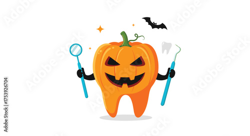Spooky toothy pumpkin with dental tools celebrates Halloween night with a friendly bat flying above.
