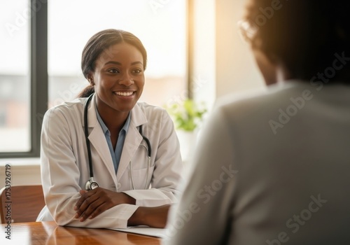 Smiling female doctor in white coat talking to patient isolated on white background