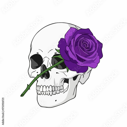 A stylized vector illustration of a white skull with a vibrant purple rose positioned in its eye socket, set against a clean white background with graphic design elements.