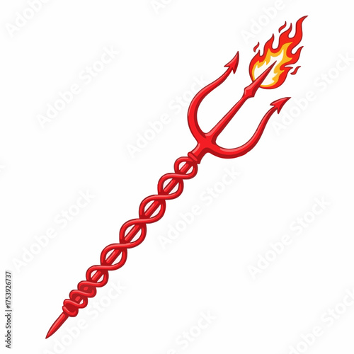 Isolated cartoon rendering of a red devil's trident spewing fire against a solid white background, emphasizing the fiery, hellish symbol with vibrant color and detail.