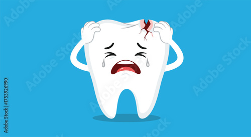 A crying cartoon tooth with a crack and blood on its head is holding its head in pain.