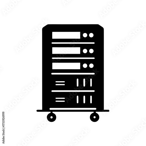 Black server rack with wheels illustration on transparent background silhouette