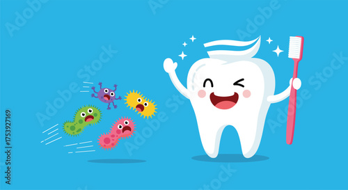 A happy tooth is brushing away all the nasty germs and bacteria for a healthy smile.