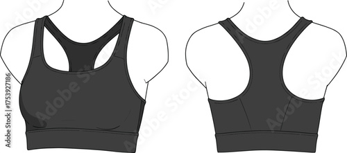 Sports bra design, racerback sports bra, seamless athletic bra, women’s activewear, fitness apparel, workout clothing, technical garment illustration, scoop neckline, supportive bra, fashion design