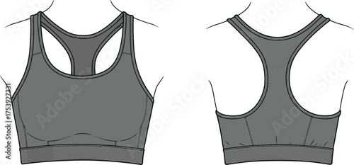 Sports bra technical illustration, front and back view, racerback design, scoop neckline, wide straps, elastic band support, activewear fashion, apparel design, fitness clothing, garment sketch