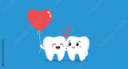 Cute cartoon teeth with a heart shaped balloon sharing love and affection on a blue background.
