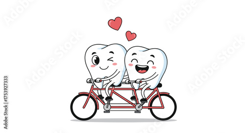 Two cartoon teeth on a tandem bicycle with hearts above them.