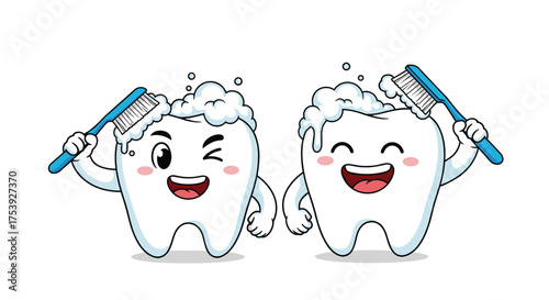 Two happy cartoon teeth are brushing their teeth with toothbrushes and foam