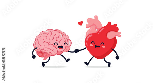 A happy brain and heart are walking hand in hand together.