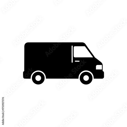 Simple black silhouette of a delivery van on transparent background