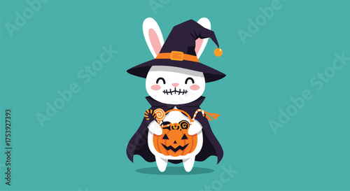 A cute bunny dressed as a witch for Halloween holding a pumpkin trick or treat basket.