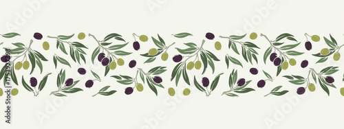 Olive Seamless Horizontal Border Pattern with Leaves and Berries, Branches with Green and Purple Olives. Botanical Floral Packaging Tape, Vector Illustration