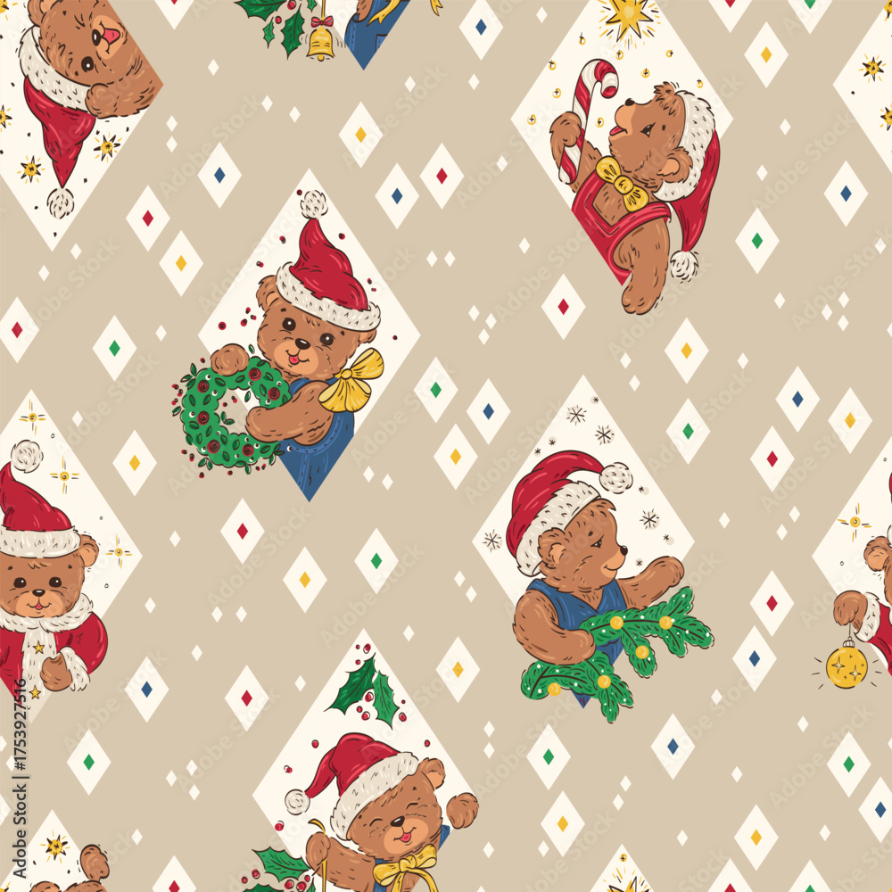 Fototapeta premium Christmas Seamless Pattern with Rhombuses and Cute Christmas Teddy Bears in Santa Hat, Vector Illustration