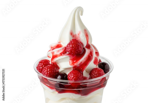 Creamy dessert with berries and red sauce isolated on a transparent background