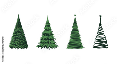 A collection of diverse evergreen trees showcasing different artistic styles.