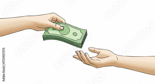 Visual representation of a monetary exchange, featuring one hand passing a stack of banknotes to another receiving hand, ideal for illustrating concepts of finance, commerce, and giving