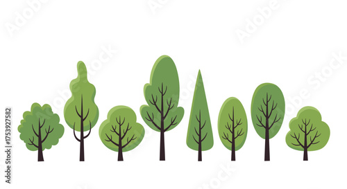 A diverse collection of stylized trees of varying shapes and sizes.