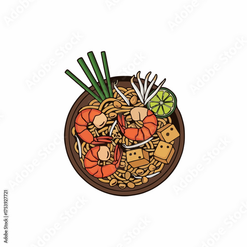 Overhead shot of Pad Thai with shrimp, tofu, and lime against a white background, rendered in a clean, flat vector style with vibrant colors and a delicious mood.