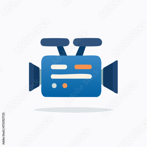 Front view of a stylized blue video camera icon representing cinema and filmmaking.