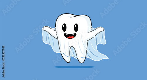 A cute cartoon tooth dressed as a friendly ghost ready to haunt dental hygiene