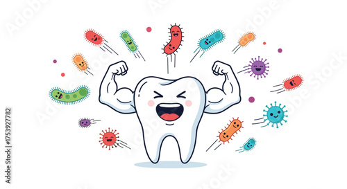 A strong cartoon tooth flexing its muscles surrounded by colorful cartoon bacteria.