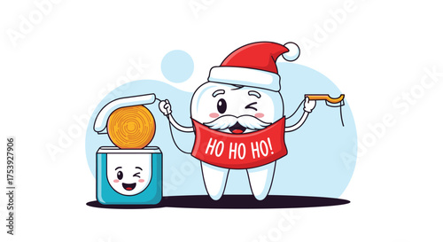 A cheerful tooth dressed as Santa Claus with a festive beard that says ho ho ho holding a toothbrush and dental floss.