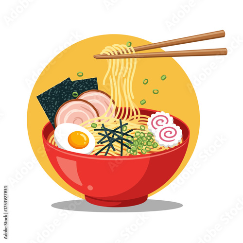 Vibrant Red Bowl Japanese Ramen with Chashu Egg Nori and Narutomaki Toppings