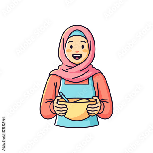 Smiling Muslim Woman in Hijab Holding a Bowl and Spoon Ready to Eat