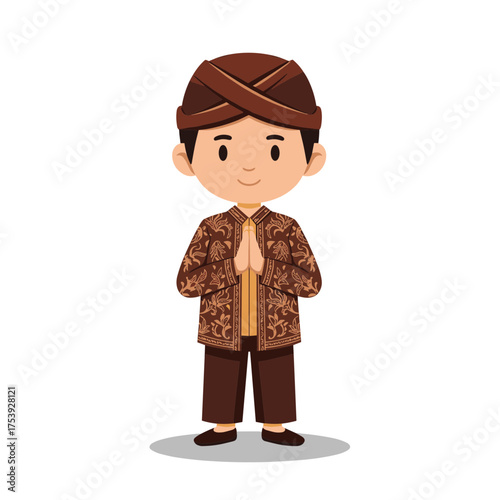 Cute Cartoon Boy in Traditional Javanese Clothing Performing a Salam Greeting Gesture