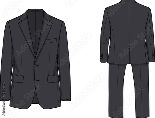 Formal men’s suit vector illustration, front and back view, tailored jacket with trousers, fashion design template, clothing pattern, apparel mockup, tailoring sketch, garment outline