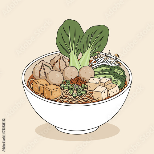 Delicious Bakso Noodle Bowl with Meatballs, Tofu, Bok Choy, and Fresh Bean Sprouts