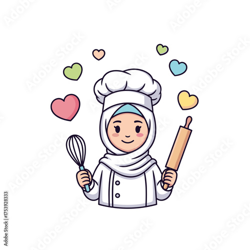 Cute Muslim Woman Chef Wearing Hijab Holding Whisk and Rolling Pin with Hearts