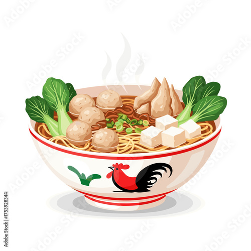 Steaming Bowl of Indonesian Bakso Noodles with Meatballs Bok Choy and Tofu