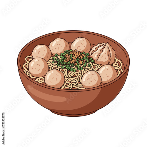 Delicious Bakso Noodles with Meatballs and Scallions in a Brown Bowl