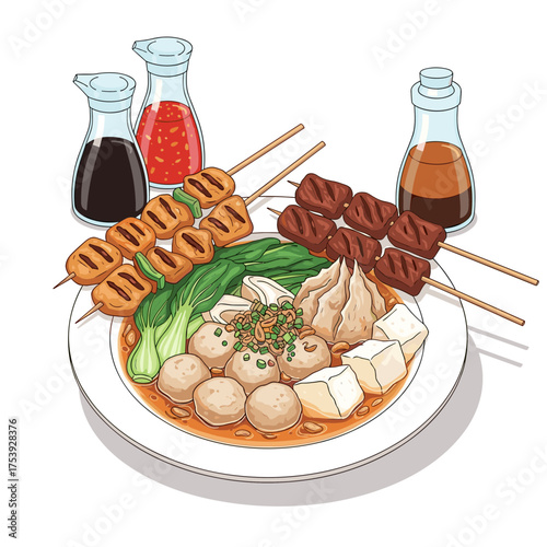 Complete Indonesian Bakso Noodles with Meatballs Skewers and Condiments